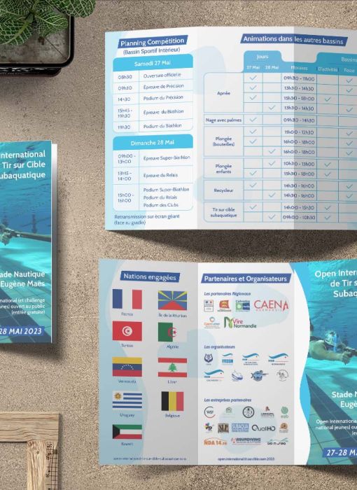 Flyer 3 volets pour le championnat du monde de Tir Subaquatique à Caen en Normandie